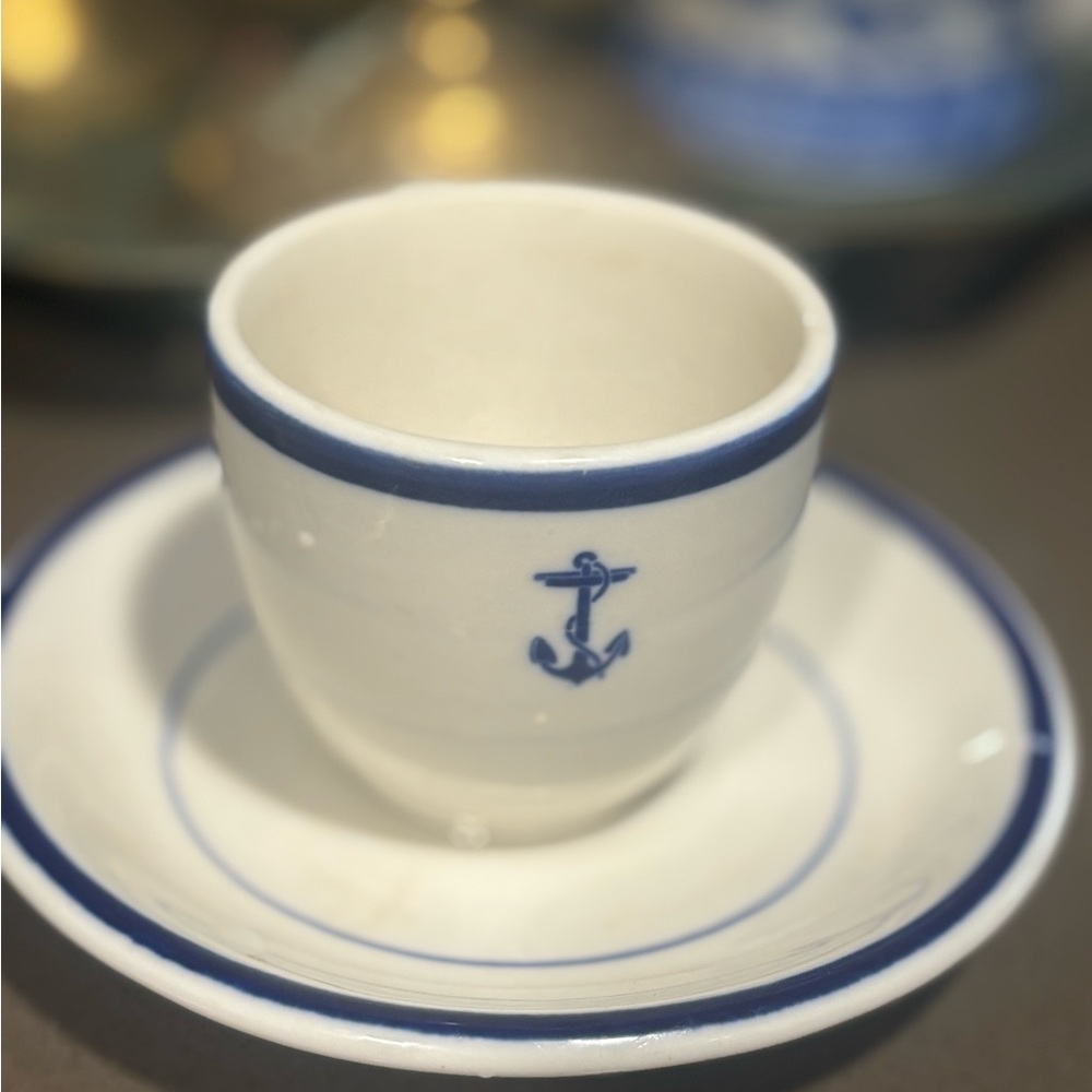 Wardroom 1940s  Ceramic Espresso Cup & Saucer with Blue Trim & Anchor Motif